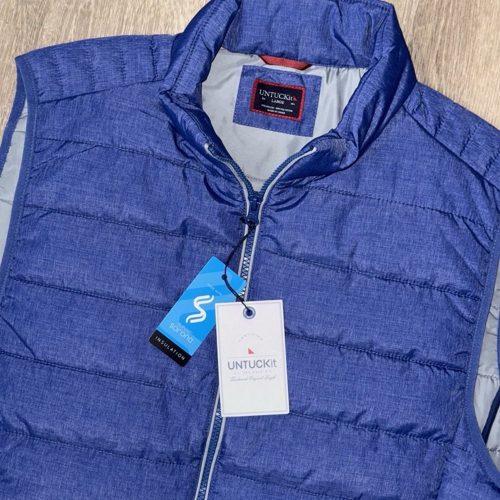 NEW Untuckit Thierry Full Zip Puffer Vest Men's Large Blue Performance